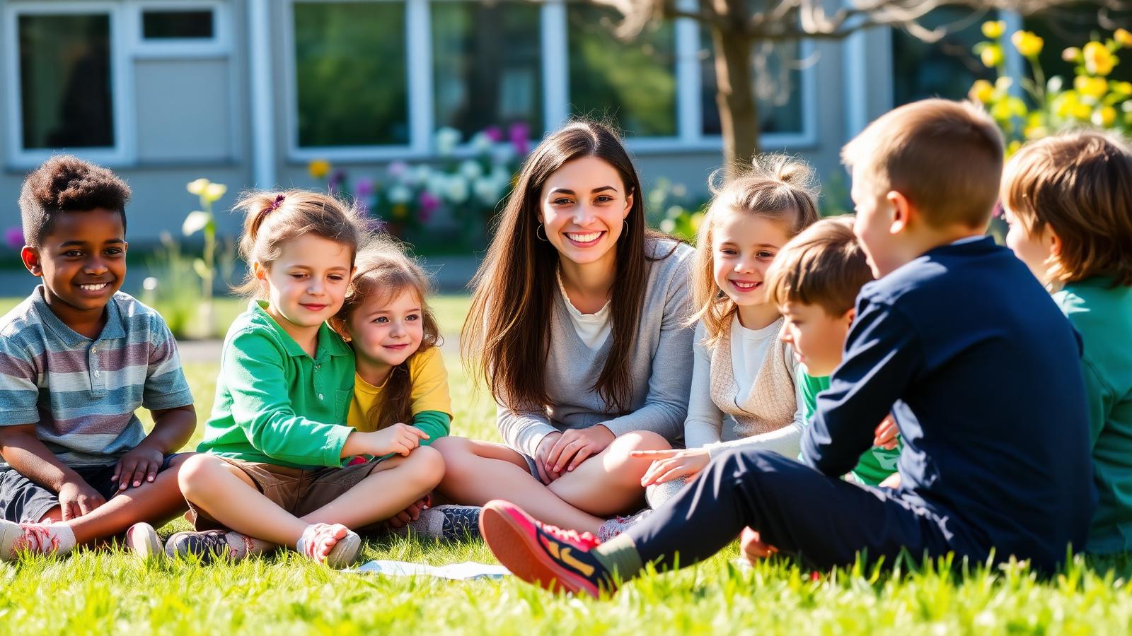Kinderen leren en spelen samen met hun juf in de tuin